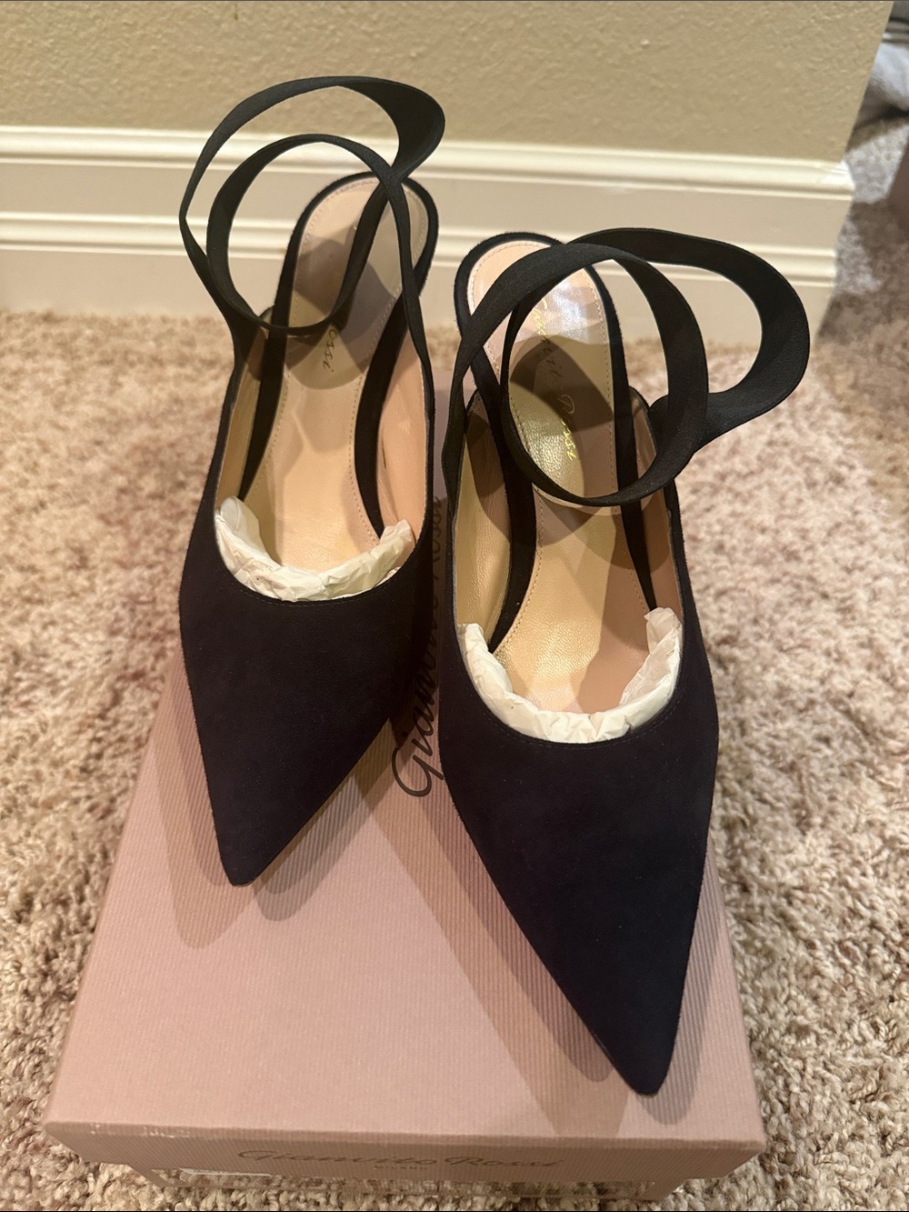 ✨Gianvito Rossi Black Suede Slingback Heels with Wrap Straps